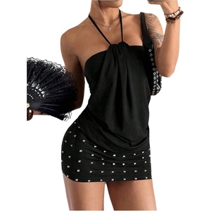 image:imageFloerns Womens Halter Y2K Rivet Backless Ruched Bodycon Mini DressBlack