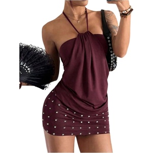 image:imageFloerns Womens Halter Y2K Rivet Backless Ruched Bodycon Mini DressBurgundy