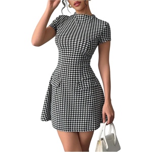 image:imageFloerns Womens Houndstooth Print High Neck Mini Dress Short Sleeve Bodycon DressesBlack and White