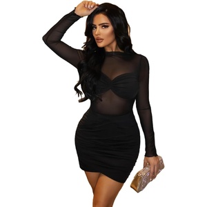 image:imageFloerns Womens Long Sleeve Mock Neck Party Dress Sheer Mesh Bodycon Mini DressesBlack