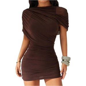 image:imageFloerns Womens Mesh Ruched Short Sleeve Night Out Bodycon Mini DressesCoffee