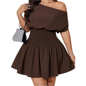 image:imageFloerns Womens Plus Size Off The Shoulder Summer Short Sleeve Mini DressBrown