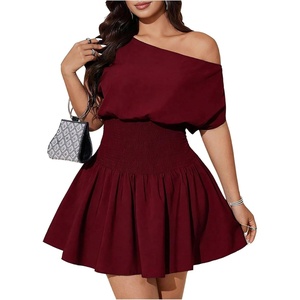 image:imageFloerns Womens Plus Size Off The Shoulder Summer Short Sleeve Mini DressBurgundy
