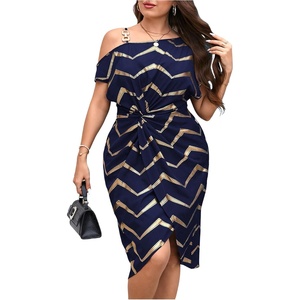 image:imageFloerns Womens Plus Size Printed Asymmetrical Neck Twist Dress Party Elegant Midi DressesBlue and Gold