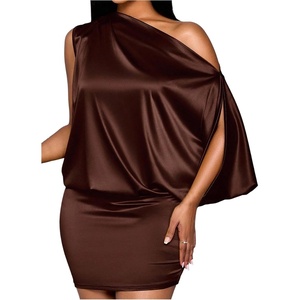 image:imageFloerns Womens Satin Asymmetrical Off The Shoulder Dress Sleeveless Party Cocktail Mini DressesCoffee Brown