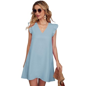 image:imageFloerns Womens Solid V Neck Ruffle Trim Cap Sleeve Summer Tunic DressBlue