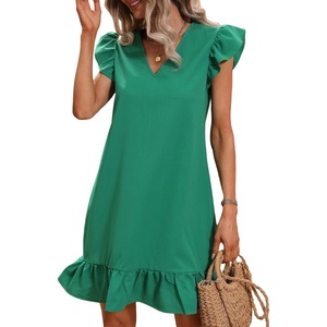 image:imageFloerns Womens Solid V Neck Ruffle Trim Cap Sleeve Summer Tunic DressGreen Ruffle
