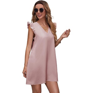 image:imageFloerns Womens Solid V Neck Ruffle Trim Cap Sleeve Summer Tunic DressPink