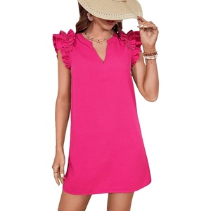 image:imageFloerns Womens Solid V Neck Ruffle Trim Cap Sleeve Summer Tunic DressPink Solid