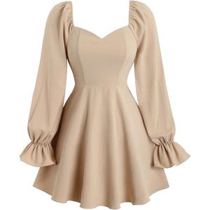 image:imageFloerns Womens Sweetheart Neck Puff Sleeve Dress Zipper A Line Short Ruffle DressesKhaki