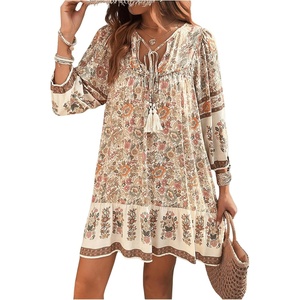 image:imageFloerns Womens Vacation Tassel Tie Neck Boho Dress Puff Sleeve Swing Shift DressApricot