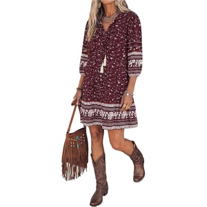 image:imageFloerns Womens Vacation Tassel Tie Neck Boho Dress Puff Sleeve Swing Shift DressBurgundy