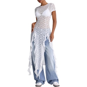 image:imageFloerns Womens Y2k Sheer Lace Short Sleeve Slit Music Festival Long DressWhite