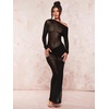 image:imageFloerns Womens Asymmetrical Neck Sheer Mesh Long Sleeve Evening Bodycon Maxi DressBlack