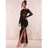image:imageFloerns Womens Asymmetrical Neck Sheer Mesh Long Sleeve Evening Bodycon Maxi DressBlack