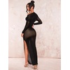 image:imageFloerns Womens Asymmetrical Neck Sheer Mesh Long Sleeve Evening Bodycon Maxi DressBlack