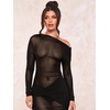 image:imageFloerns Womens Asymmetrical Neck Sheer Mesh Long Sleeve Evening Bodycon Maxi DressBlack