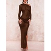 image:imageFloerns Womens Asymmetrical Neck Sheer Mesh Long Sleeve Evening Bodycon Maxi DressCoffee Brown