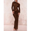image:imageFloerns Womens Asymmetrical Neck Sheer Mesh Long Sleeve Evening Bodycon Maxi DressCoffee Brown