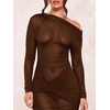 image:imageFloerns Womens Asymmetrical Neck Sheer Mesh Long Sleeve Evening Bodycon Maxi DressCoffee Brown