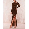 image:imageFloerns Womens Asymmetrical Neck Sheer Mesh Long Sleeve Evening Bodycon Maxi DressCoffee Brown