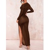 image:imageFloerns Womens Asymmetrical Neck Sheer Mesh Long Sleeve Evening Bodycon Maxi DressCoffee Brown