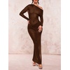 image:imageFloerns Womens Asymmetrical Neck Sheer Mesh Long Sleeve Evening Bodycon Maxi DressCoffee Brown