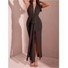 image:imageFloerns Womens Deep V Neck Halter Dress Bow Ruched Split Evening Bodycon Maxi DressesCoffee Brown