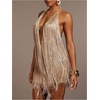 image:imageFloerns Womens Fringe Halter Dress Open Back Party Bodycon Mini DressesKhaki