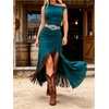image:imageFloerns Womens Fringe Long Dress Off The Shoulder Asymmetrical Slit Western Cowgirls Bodycon DressesTeal Blue