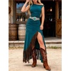 image:imageFloerns Womens Fringe Long Dress Off The Shoulder Asymmetrical Slit Western Cowgirls Bodycon DressesTeal Blue