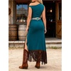 image:imageFloerns Womens Fringe Long Dress Off The Shoulder Asymmetrical Slit Western Cowgirls Bodycon DressesTeal Blue