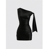image:imageFloerns Womens Leather Off The Shoulder Mini Dress Knot Ruched Festival Concert Outfit Bodycon DressesBlack