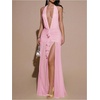 image:imageFloerns Womens Mesh Backless Halter Maxi Dress Split Ruffle Trim Going Out Party DressesCoral Pink