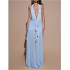 image:imageFloerns Womens Mesh Backless Halter Maxi Dress Split Ruffle Trim Going Out Party DressesIce Blue