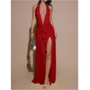 image:imageFloerns Womens Mesh Backless Halter Maxi Dress Split Ruffle Trim Going Out Party DressesRed