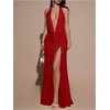 image:imageFloerns Womens Mesh Backless Halter Maxi Dress Split Ruffle Trim Going Out Party DressesRed