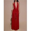 image:imageFloerns Womens Mesh Backless Halter Maxi Dress Split Ruffle Trim Going Out Party DressesRed
