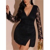 image:imageFloerns Womens Plus Size Lace Mini Dress Long Sleeve V Neck Bodycon Split Formal Party DressesBlack