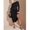 image:imageFloerns Womens Plus Size Off The Shoulder Sexy Bodycon Midi Dress Drawstring Slit Hem Long Sleeve Elegant Party DressesBlack