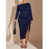 image:imageFloerns Womens Plus Size Off The Shoulder Sexy Bodycon Midi Dress Drawstring Slit Hem Long Sleeve Elegant Party DressesDark Blue