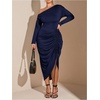 image:imageFloerns Womens Plus Size Off The Shoulder Sexy Bodycon Midi Dress Drawstring Slit Hem Long Sleeve Elegant Party DressesDark Blue