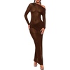 image:imageFloerns Womens Asymmetrical Neck Sheer Mesh Long Sleeve Evening Bodycon Maxi DressCoffee Brown