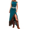 image:imageFloerns Womens Fringe Long Dress Off The Shoulder Asymmetrical Slit Western Cowgirls Bodycon DressesTeal Blue