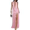 image:imageFloerns Womens Mesh Backless Halter Maxi Dress Split Ruffle Trim Going Out Party DressesCoral Pink