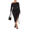 image:imageFloerns Womens Plus Size Off The Shoulder Sexy Bodycon Midi Dress Drawstring Slit Hem Long Sleeve Elegant Party DressesBlack