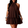 image:imageFloerns Womens Plus Size Sleeveless Halter Dress Tie Backless Ruffle A Line Going Out Mini DressesBrown