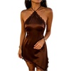 image:imageFloerns Womens Sexy Satin Lace Halter Asymmetrical Hem Going Out DressBrown