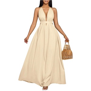 image:imageFloerns Women Wedding Guest Dinner V Neck Halter Backless Flowy Maxi DressApricot