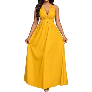 image:imageFloerns Women Wedding Guest Dinner V Neck Halter Backless Flowy Maxi DressYellow